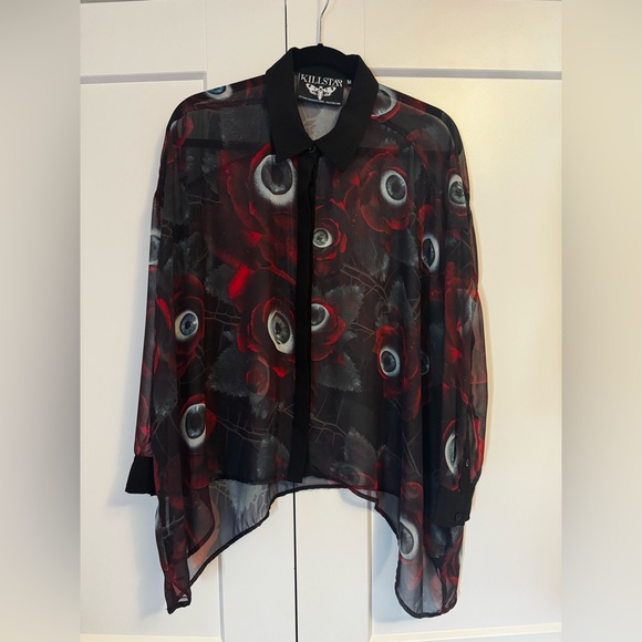KILLSRAR Sheer Red Rose Black Eyeball Button Up Top - Picture 2 of 3
